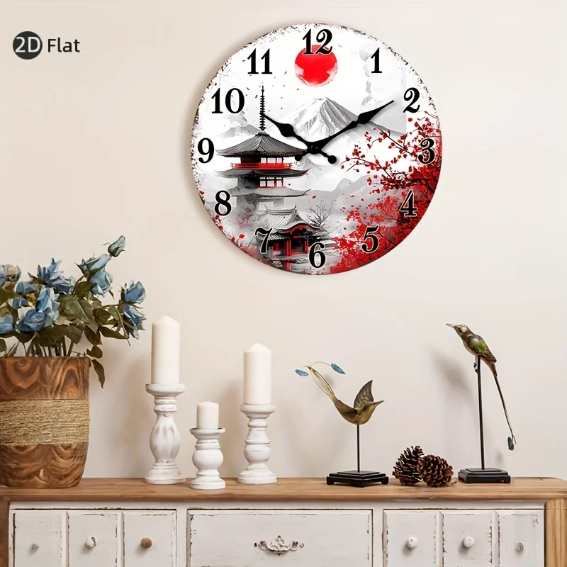 [2D Flat Wall Clock] 1pc 2D Flat Wall Clock Non-Ticking Wooden, Circular Clock Japanese-inspired Landscape with Cherry Blossoms Design for Kitchen, Home Office, Library, Hallway, Apartment 10