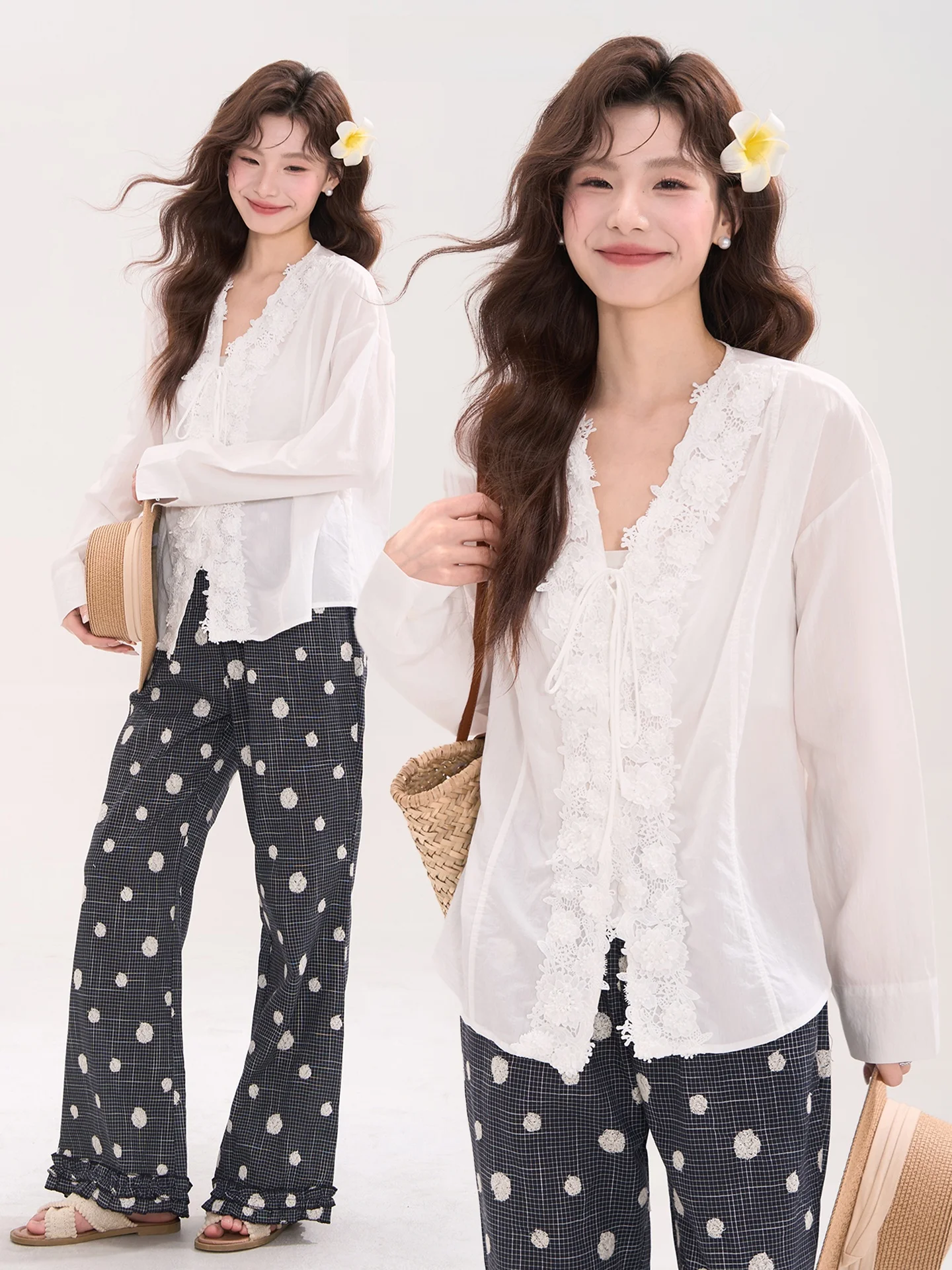 

Женская блузка Heme из шелкового кружева с поясом, V-образным вырезом и длинными рукавами, весенняя модная модель во французском стиле, стандартный крой, из смесового хлопка, однотонная.