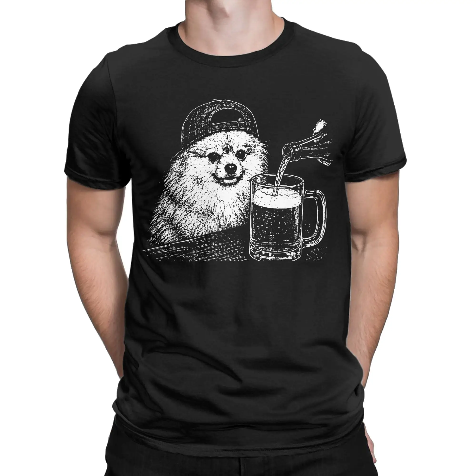 Men's T-Shirt Pomeranian Drinking Beer Funny Fathers Day Dog Meme  Cotton Tees Short Sleeve  T Shirts Round Collar Clothes