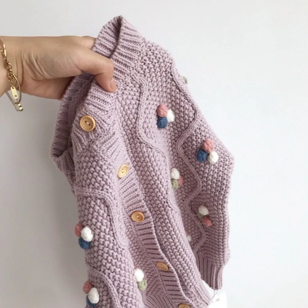 High Quality Sweet Knitted Sweater Pom Pom Design Candy Color Knitted Cardigan Warm Girls Coat Autumn