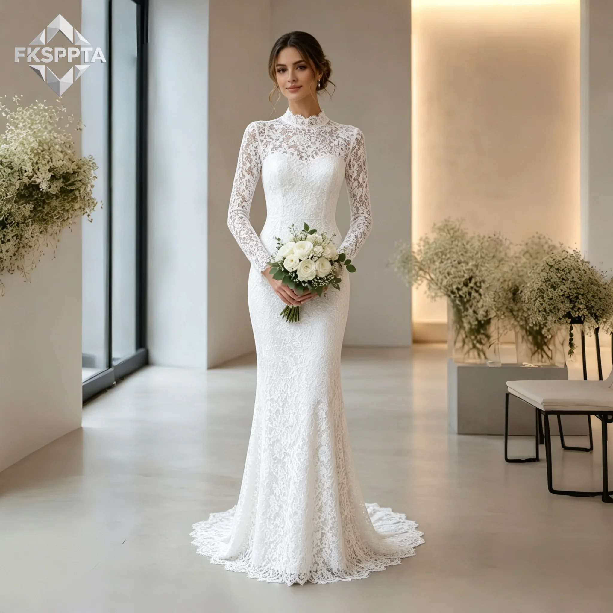 High Neck Mermaid Wedding Dress Full Lace Long Sleeves Sheer Back Fitted Vintage Bridal Gown For Wedding Ceremony Vestido Noiva