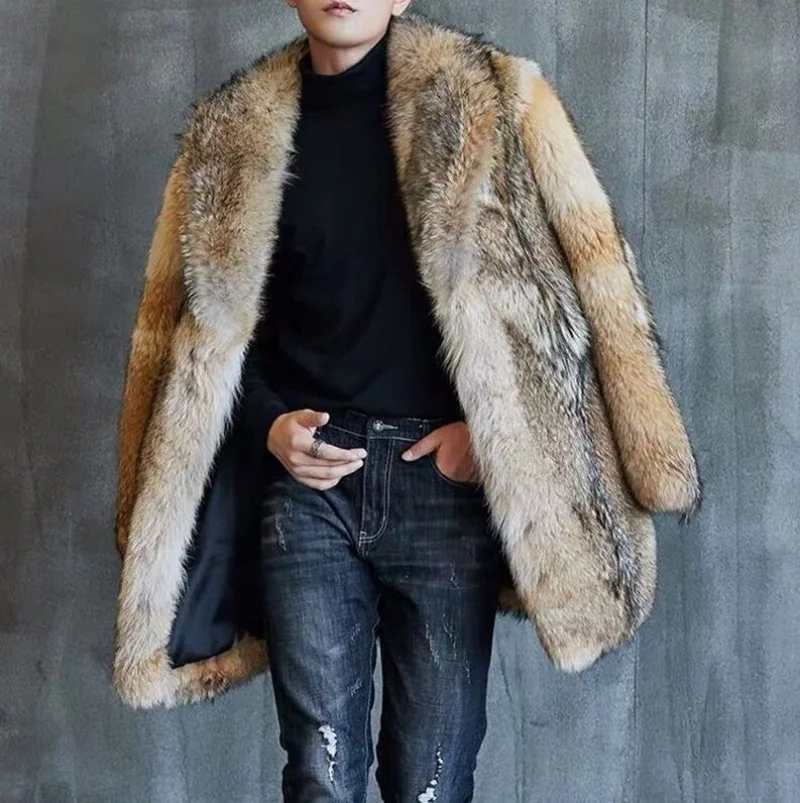 

2025 Men Faux Fur Cardigan Jacket Long Sleeve Thick Warm Fur Coats Outerwear High Street Loose Turn Down Collar Pockets Autumn