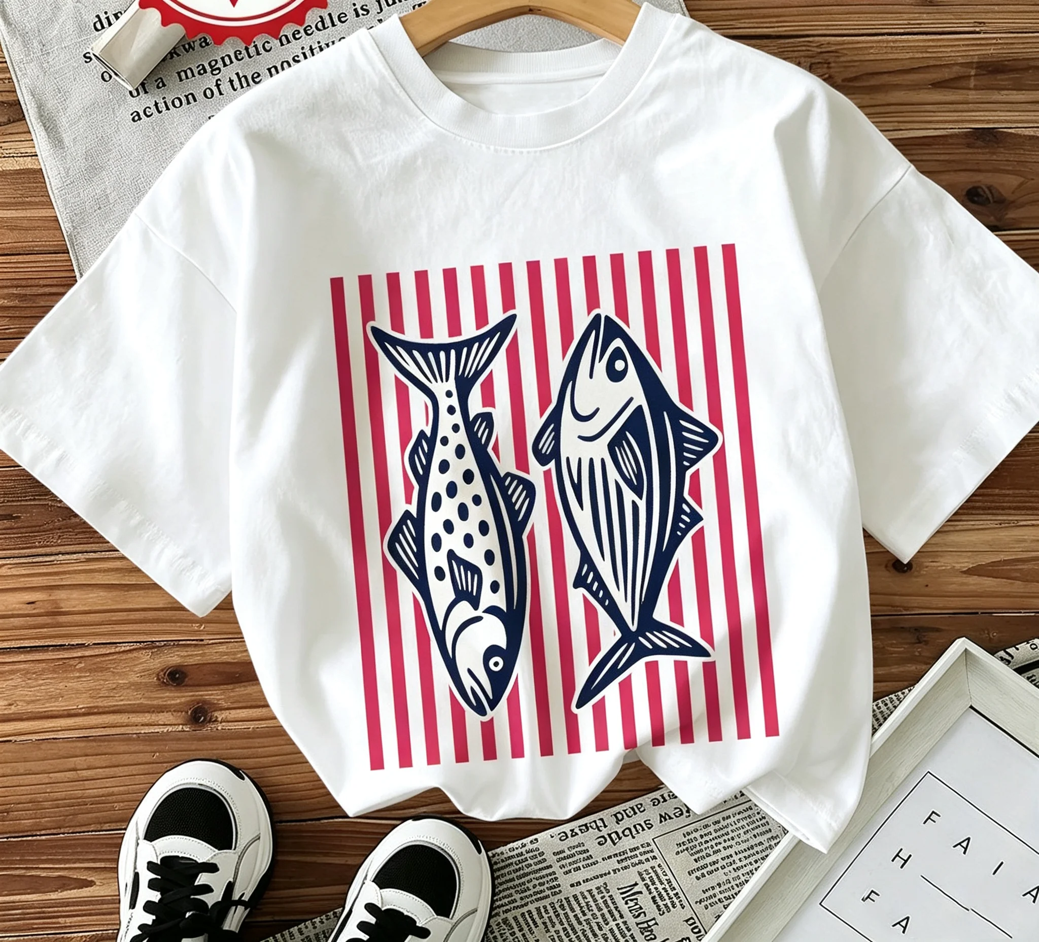 Women'S Casual T-Shirt with OceanInspired Fish and Stripes Print Crew Neck Short Sleeve Soft Comfortable Summer Woman Clothing