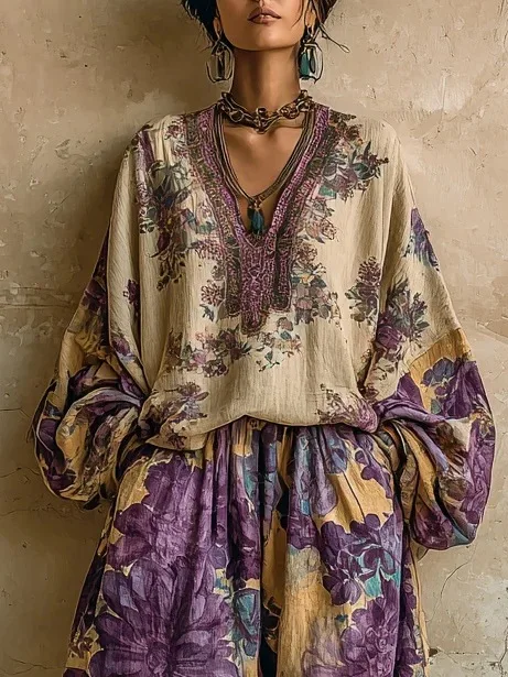 2026 Spring New Retro Print Loose V Neck Top Long Skirt Two Piece Set Elegant Fashion Design Women Outfit view 4
