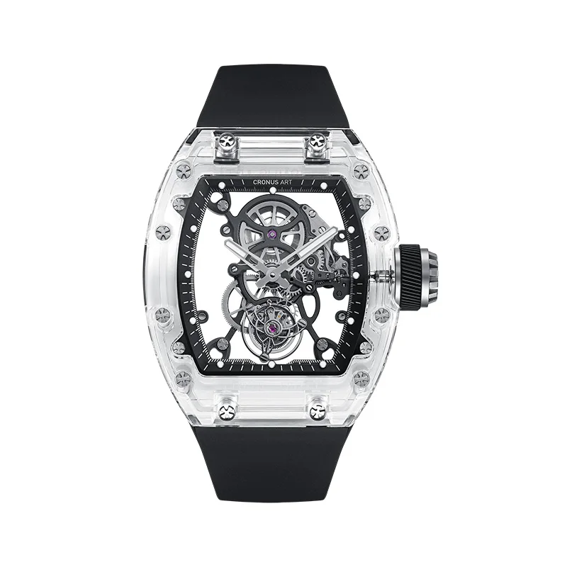 CRONUSART Men Tourbillon Watch Sapphire Case 50mm*42mm Tonneau Mechanical Wristwatch Luminous Fluororubber Strap Skeleton Dial