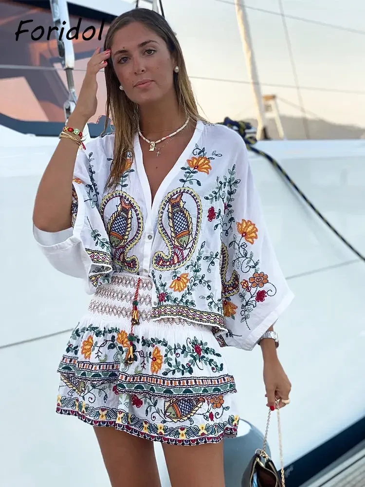 Batwing Sleeve Women Summer Spring Embriodery Paisley Skirt Set Outfits Button Tiered Dress Suit Vintage Matching Set Holiday