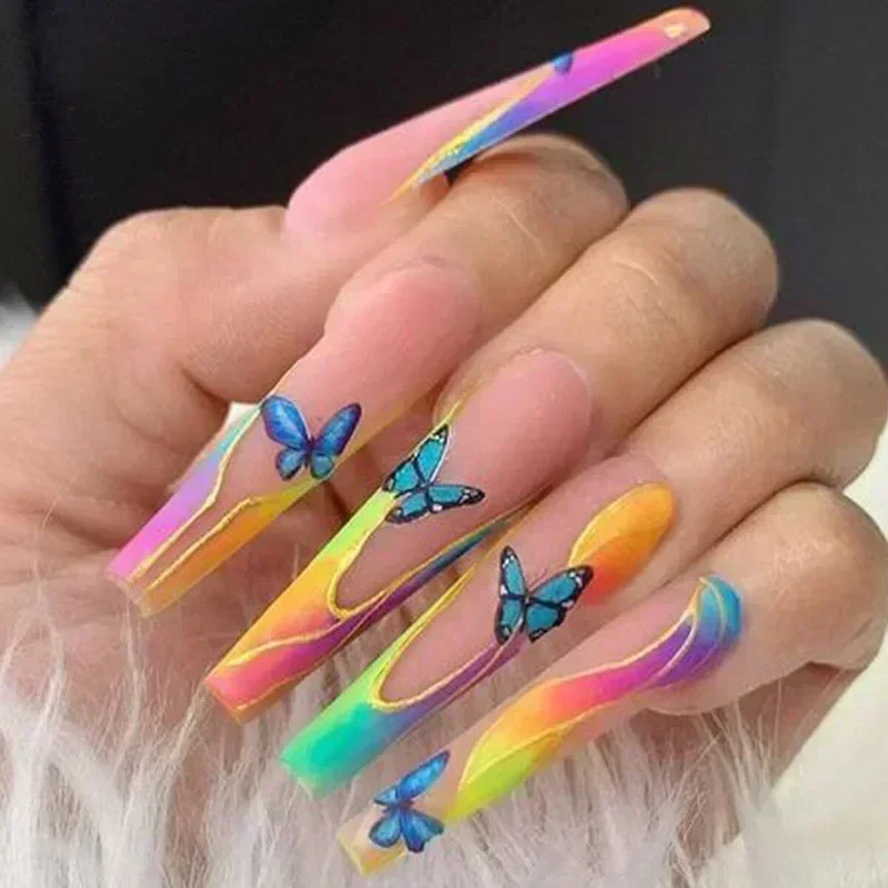 24Pcs Wearable Colorful Butterfly Designs French Press on Nails Long Ballet False Nails with Rhinestone acrylic Fake Nails tips