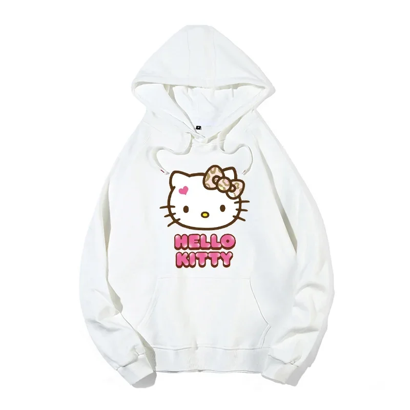 Cartoon fashion label Hello Kitty hood round neck pullover hoodie women loose oversized top hoodie clothes winter clothes women