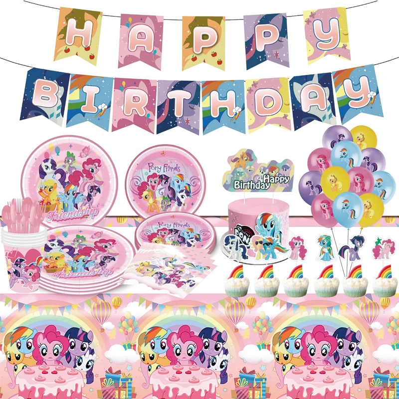Anime My Little Pony Premium Birthday Party Set Cute Plates Paper Cups Tissue Tablecloth Flag Cake Card Decoration Supplies