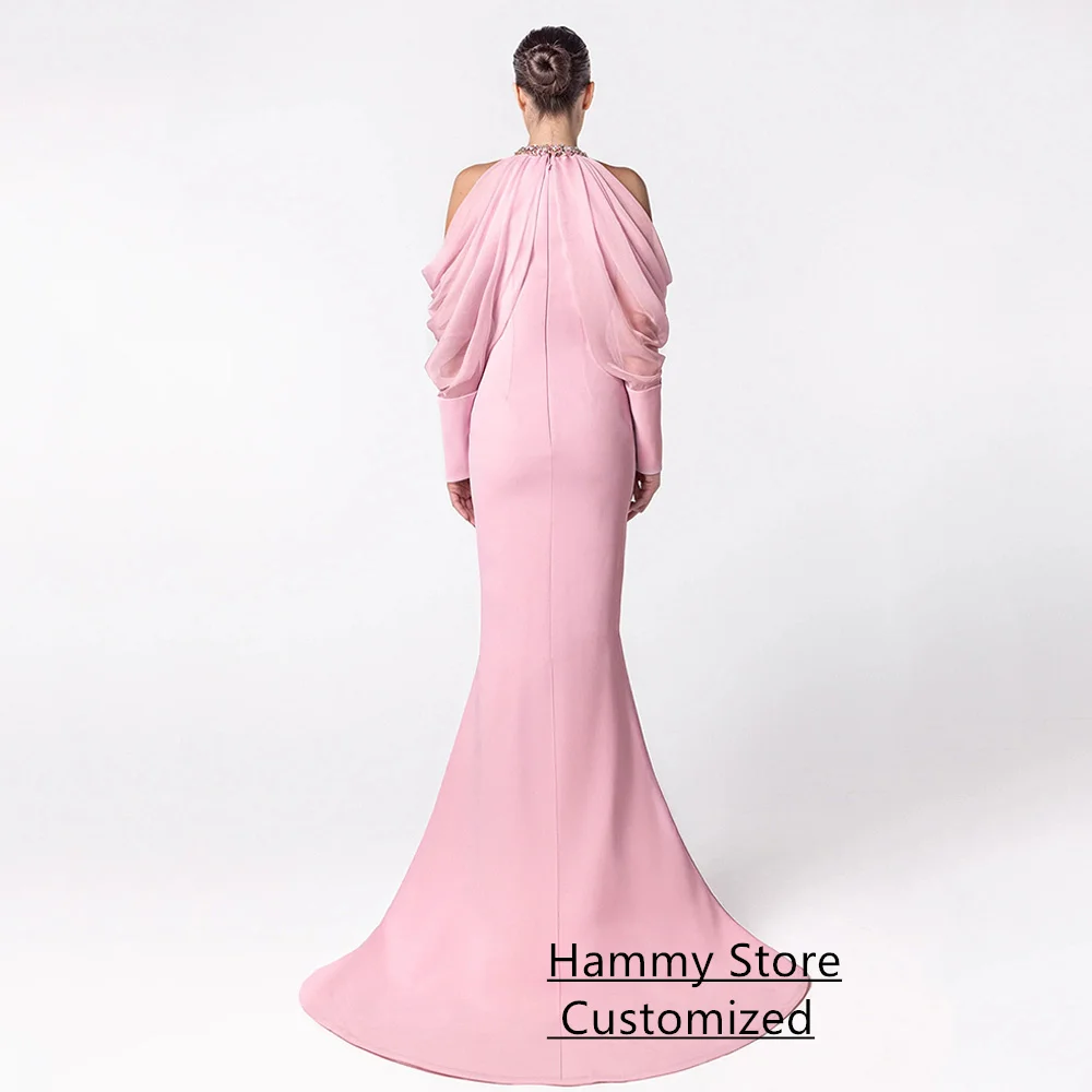 Sexy Mermaid Evening Dress Vestidos De Fiesta Customized Halter Long Sleeves Buttons Pink Prom Gown Slit Party Dresses