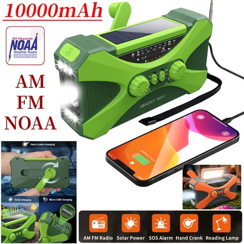 Radio multifuncional con manivela Solar, linterna LED de emergencia, carga USB, FM, AM, WB, NOAA, 10000mAh