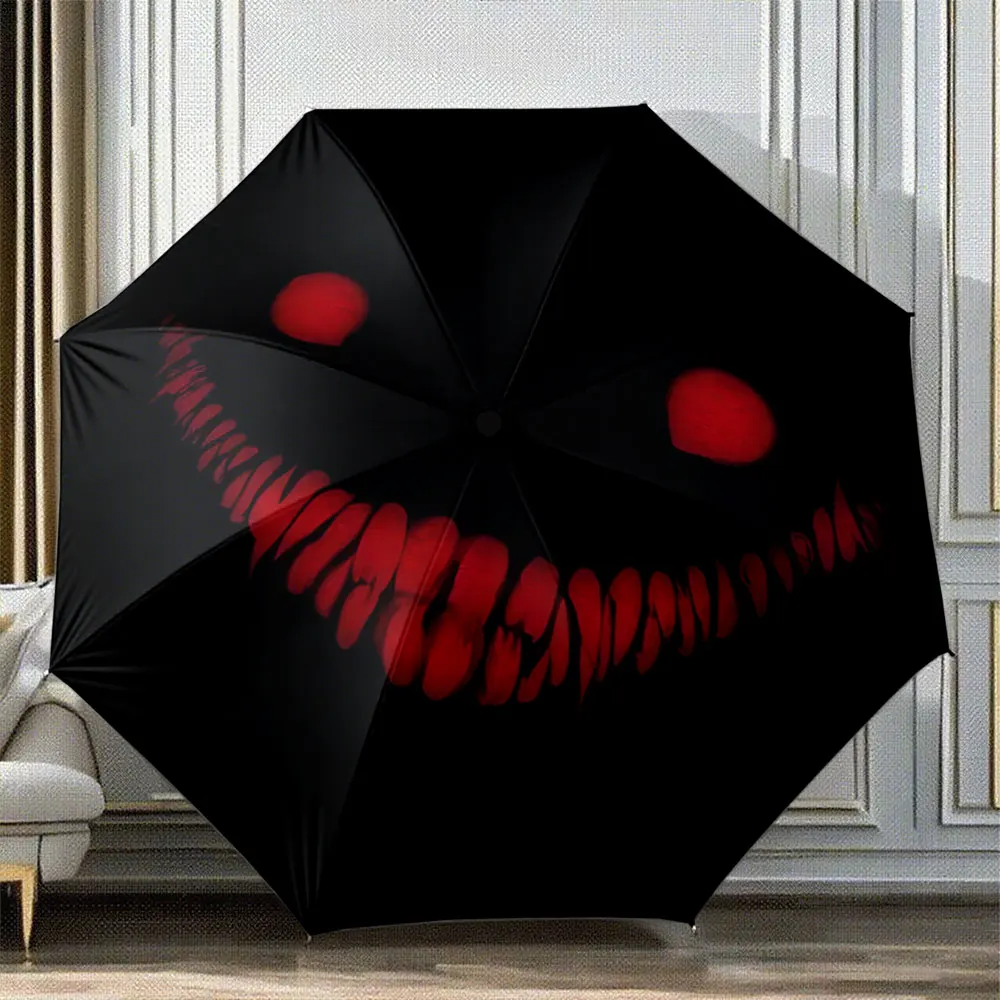 Red Glowing Eyes and Smiling Teeth on Black Umbrella portable waterproof sun rain umbrella for outdoor travel beach