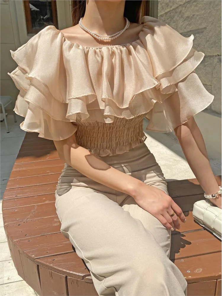 2024 Ruffle Edge Shirts & Blouses Fashion Woman Blouse Summer New Female Sexy Crop Top High Quality Office Lady Lyocell Top