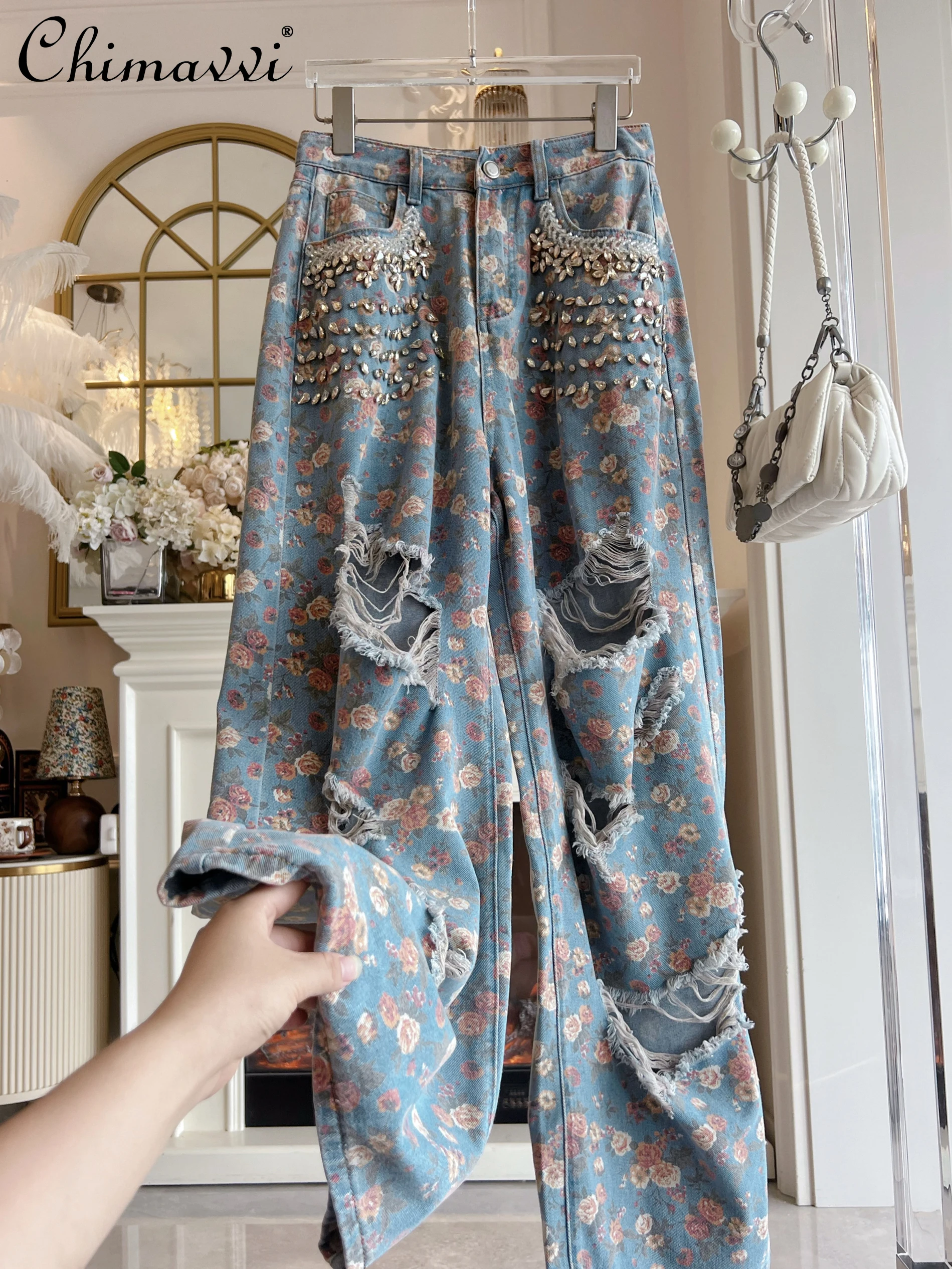 

American High Street Retro Ripped Wide-leg Jeans Women's Summer 2025 Fashion Floral Drape Sweet Cool Girls Straight-leg Pants
