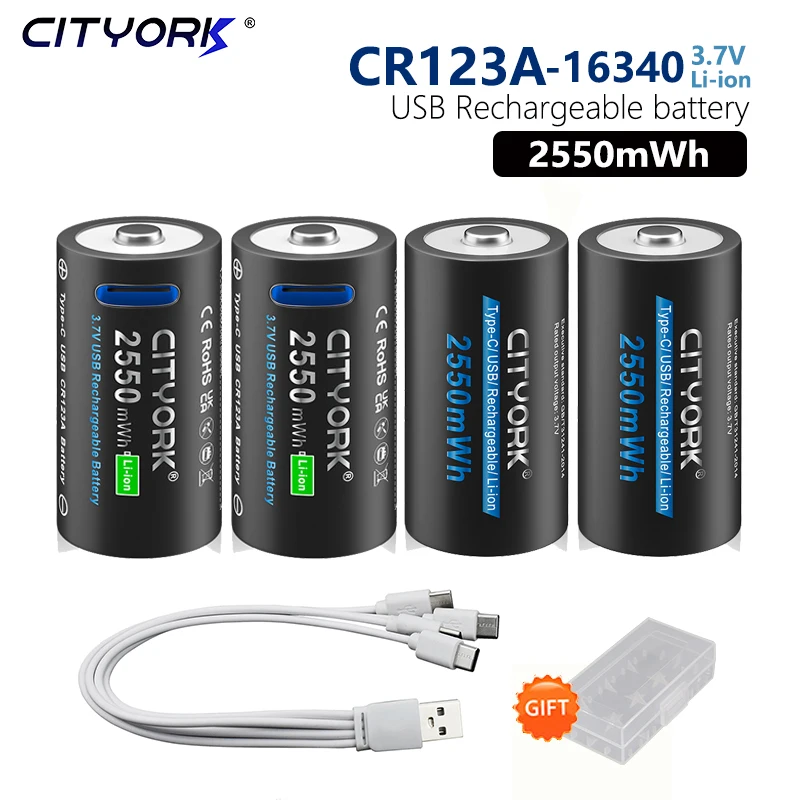 

4PCS CITYORK Li-ion 16340 16350 Battery CR123A Rechargeable Batteries 3.7V RCR123 For Laser Pen LED Flashlight Cell+Type-c Cable