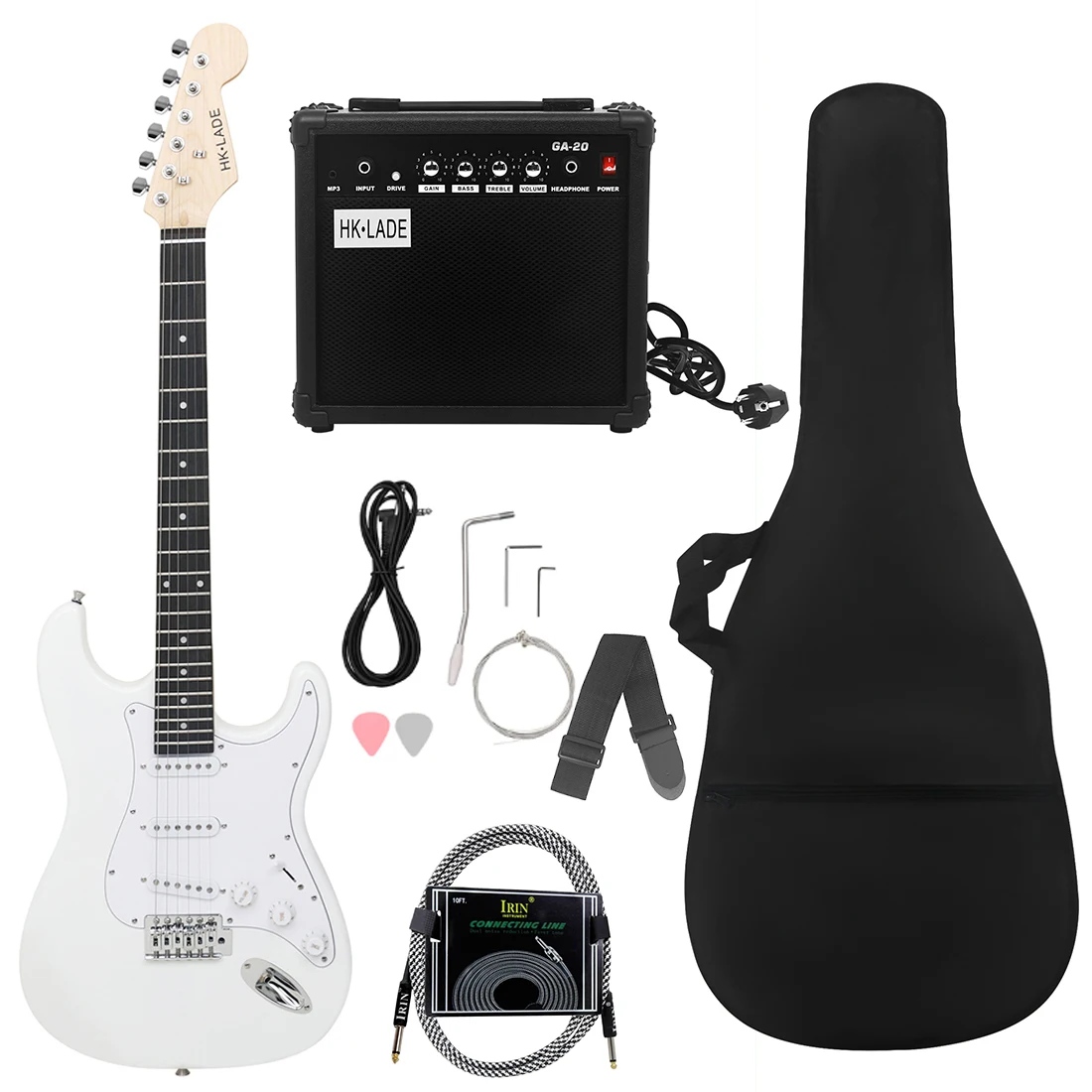 HK-LADE White ST Electric Guitar Set Rosewood Fretboard Electric Guitar Set with Sound Bag Strap Plectrum Strings Amplifier Part