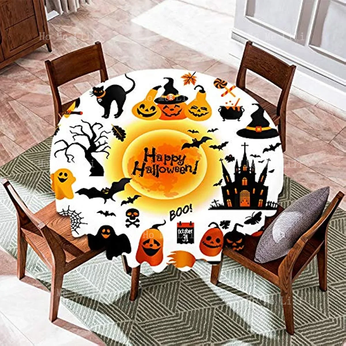 Halloween Haunted House Black Cat Round Cloth Table Cover Party Decorations Are Wipeable And Reusable