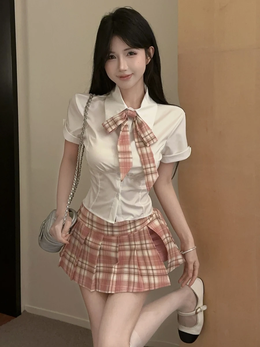 

American College Sle ort irt Set Women Summer Plaid Pleated Skirt Slimming ort Sve Top irt Casual Wear