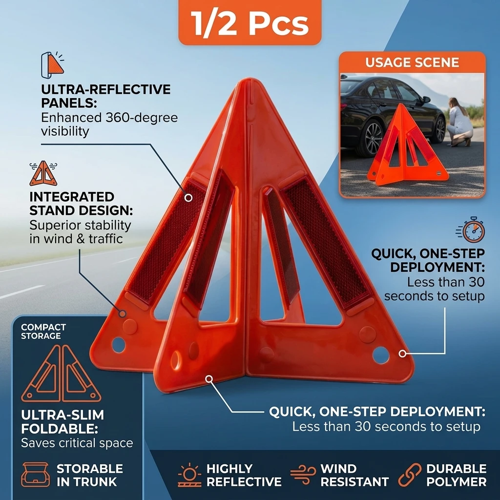1/2Pcs Car Emergency Breakdown Warning Triangle Reflective Safety Hazard Car Tripod Foldable Stop Sign Reflector Cars Stop Sign