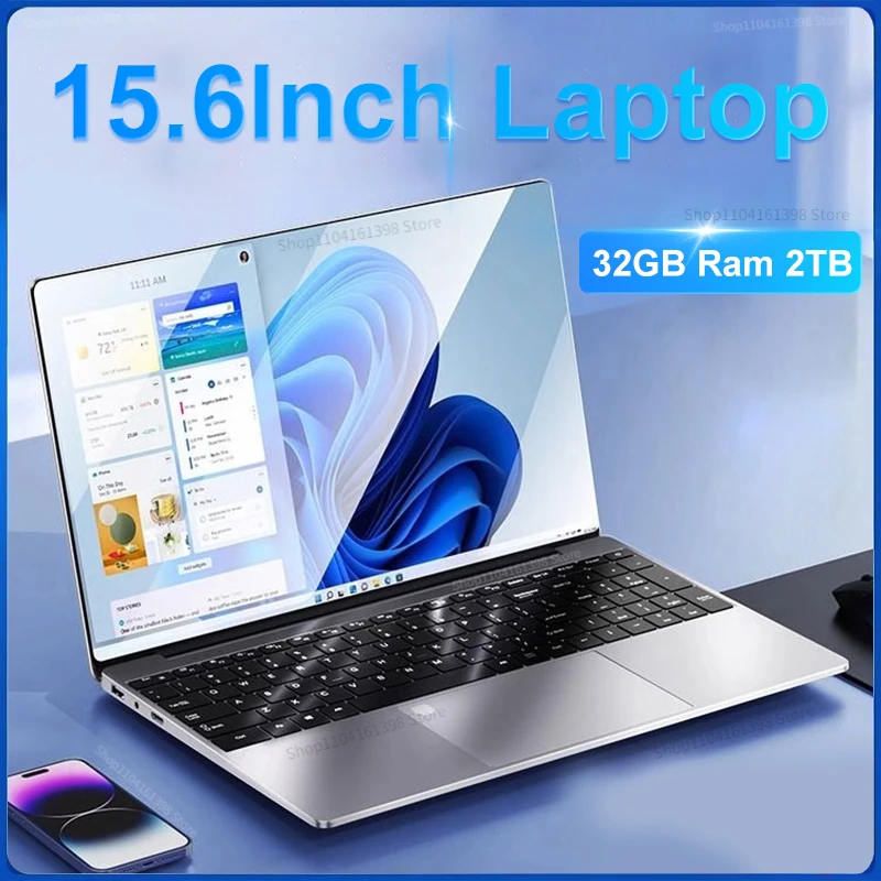 15.6 Inch Laptop 32GB Ram 2TB SSD Windows 11 Notebook Pc Gamer N5095 Office Computer with Backlit Fingerprint Wifi Camera