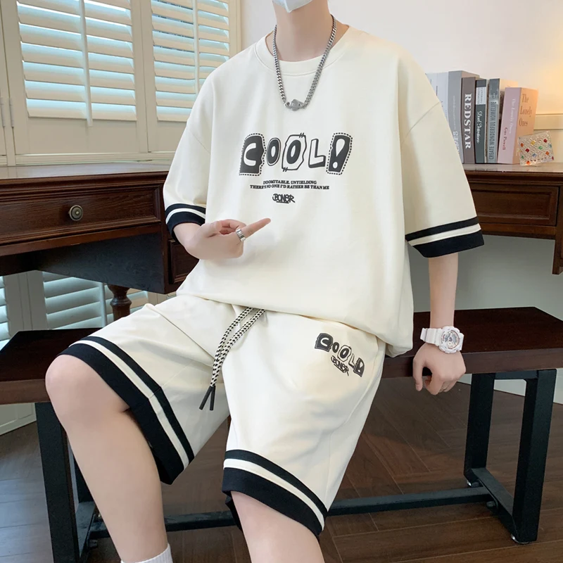 Fashion 2024 Summer Two Piece Men\'s Sets Casual Loose T-Shirts And Shorts Set Sport Outwear Top Tees&Knee-Length Pant Tracksuits