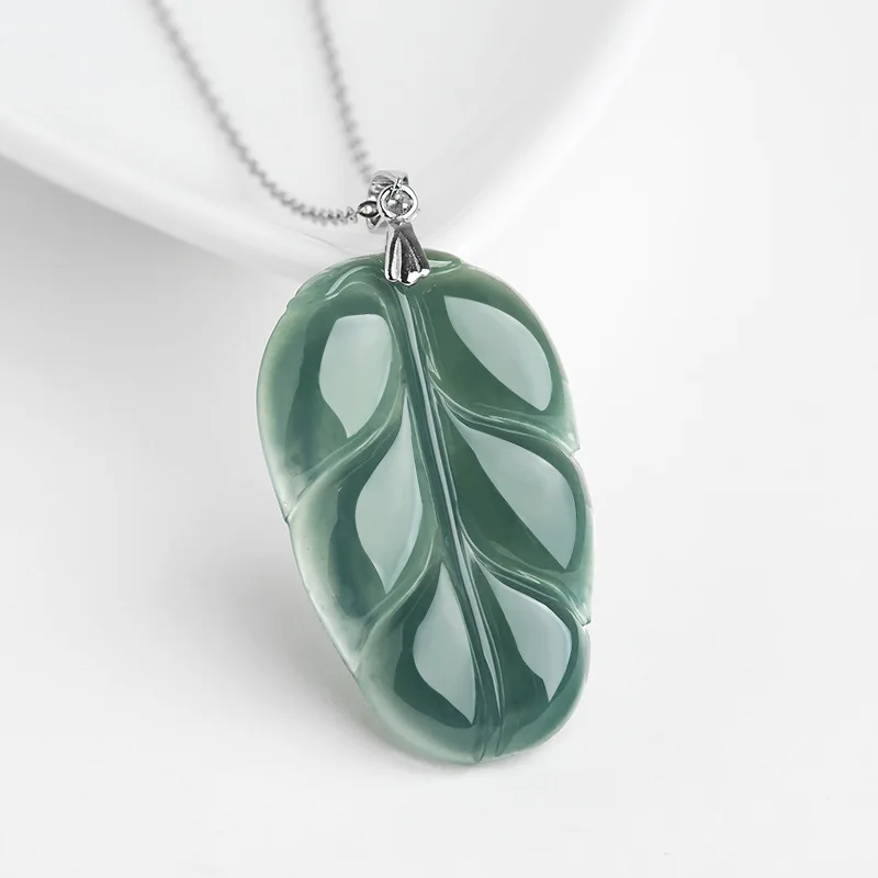 

S925 Sterling Silver Blue Water Jadeite Icy Floral Leaf Pendant Natural Type A Women's Necklace