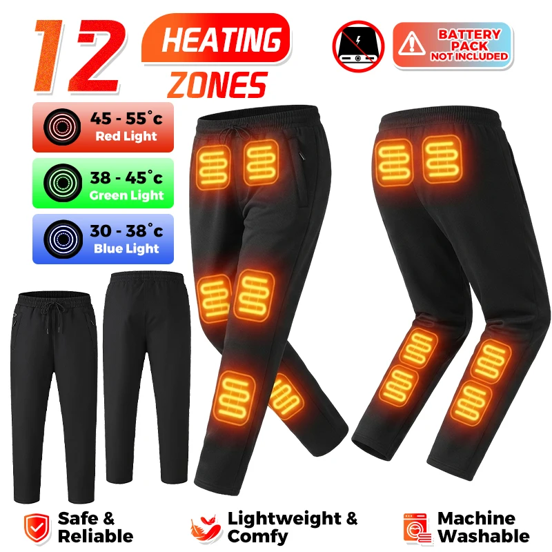 12 Zones Thermal Pants Men Winter Warm Electric Heated Trousers Outdoor Hiking Heating Pants Cold Weather Fleece Lined Gear