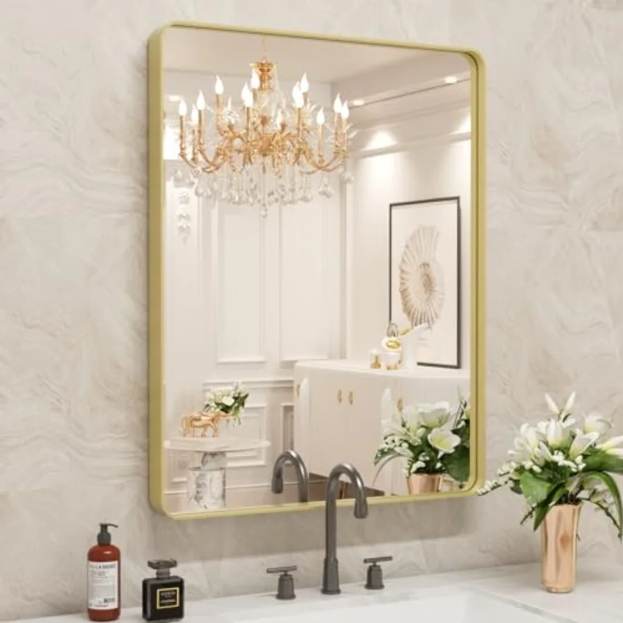 

Bathroom Mirror, 24X36 Inch Brushed Metal Frame Mirror, Rounded Rectangle Bathroom Vanity Mirror for Wall, Tempered Glass, Anti