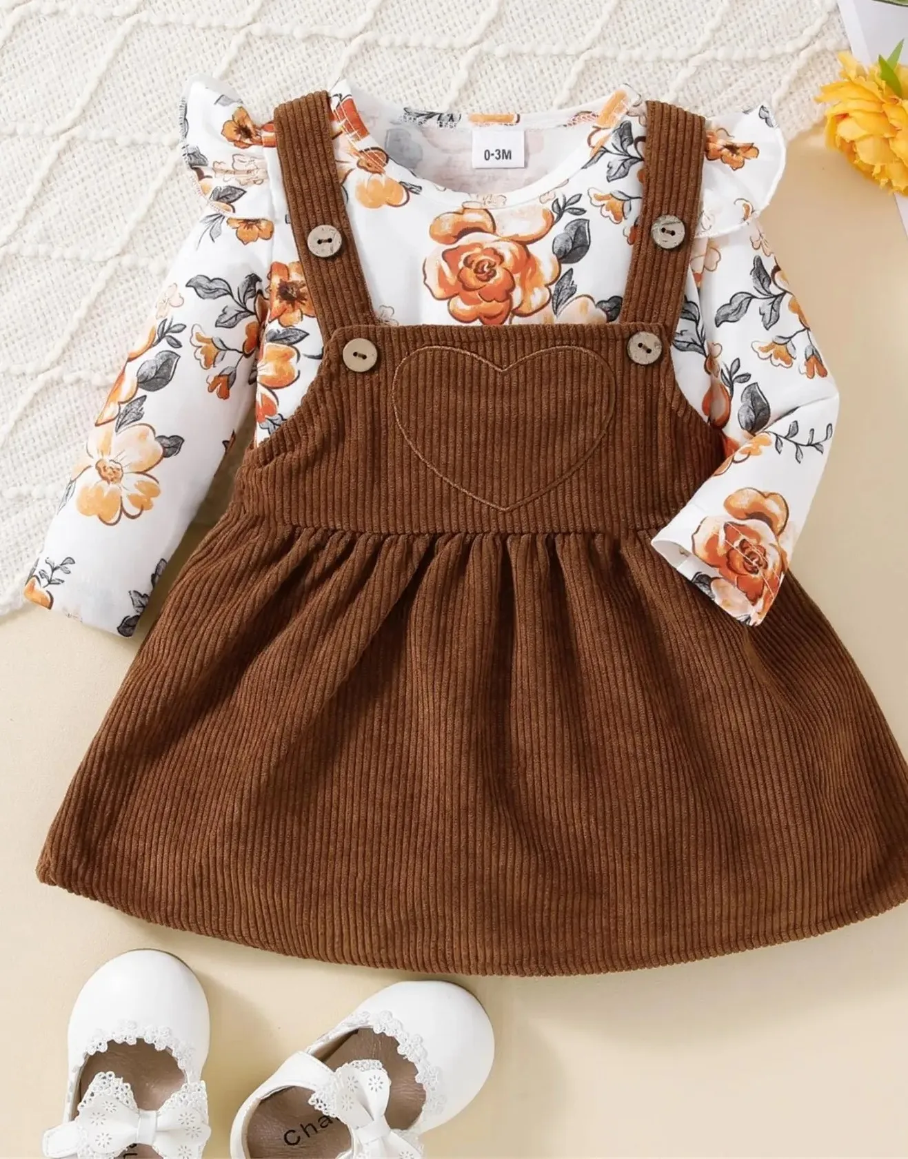 2024 New Spring and Autumn Children\'s Flower Long sleeved jumpsuit with corduroy suspender two-piece casual party clothing set