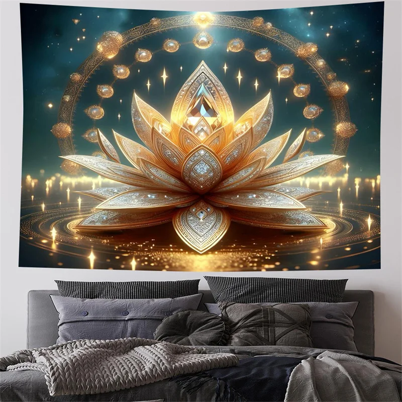 Holy Lotus Chakra Meditation Tapestry Golden Flower Living Room Bedroom Office Home Decor Wall Hanging