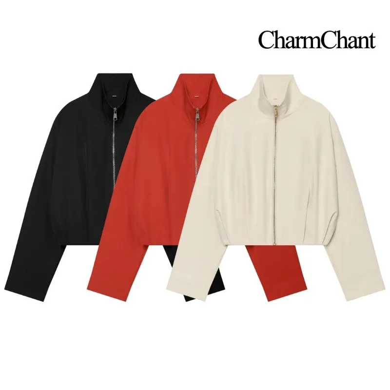 CHARMCHANT Women's Cropped Stand Collar Jacket Full Zip Elastic Hem Drop Shoulder Loose Fit Outerwear Daily Street Fall 2026