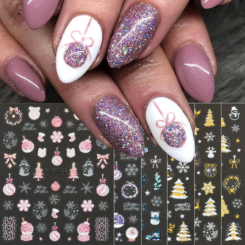 6 قطعة ملصقات أظافر ذهبية لعيد الميلاد شجرة عيد الميلاد ندفة الثلج المجسم كريستال كرة لاصقة شارات لفصل الشتاء السنة الجديدة مسمار ديكور فني #2