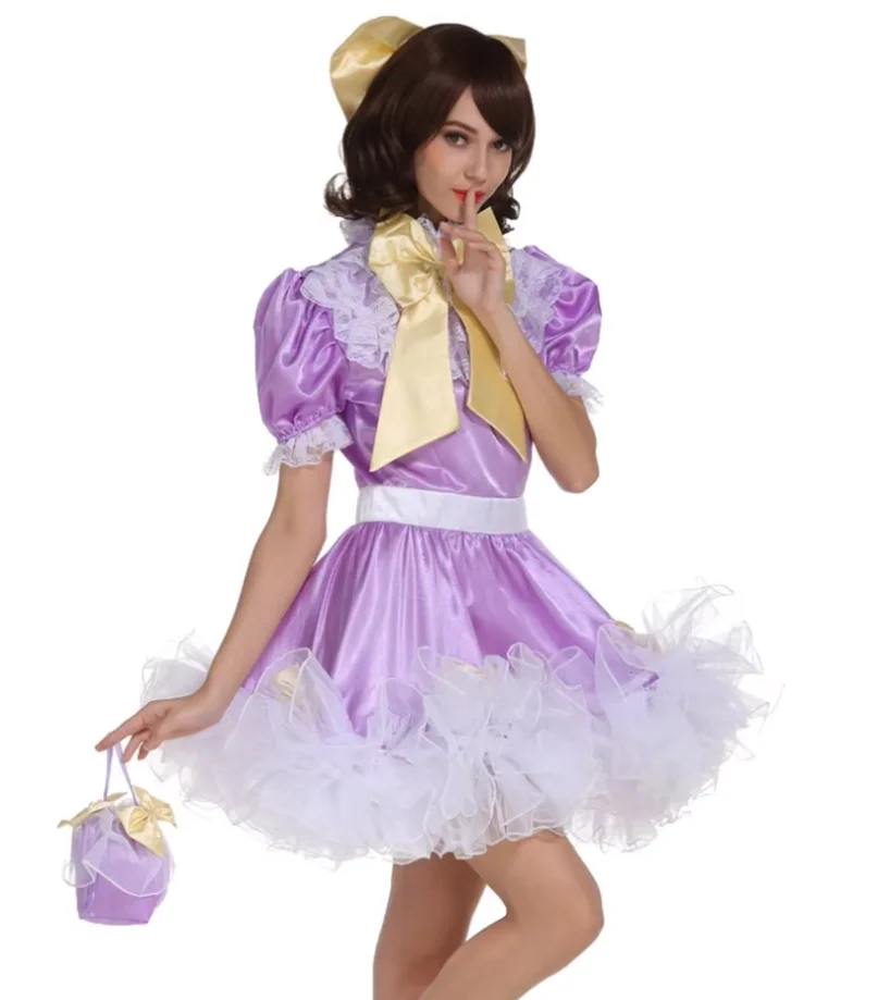 

Princess Girl Sexy Maid BOW DRESS SATIN Fluffy Cross Dressing Cross Gender Role Play Clothing Custom Lockable