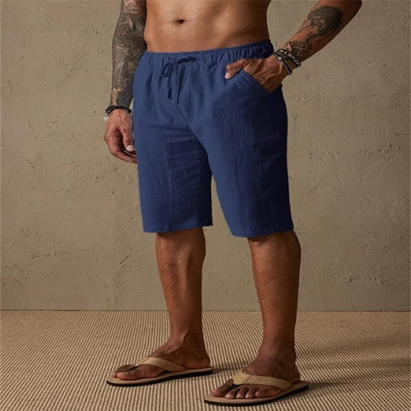 Men Cotton Linen Shorts Summer Lightweight Breathable Casual Beach Style Shorts Basic Solid Color Sweatpants Elastic Waist