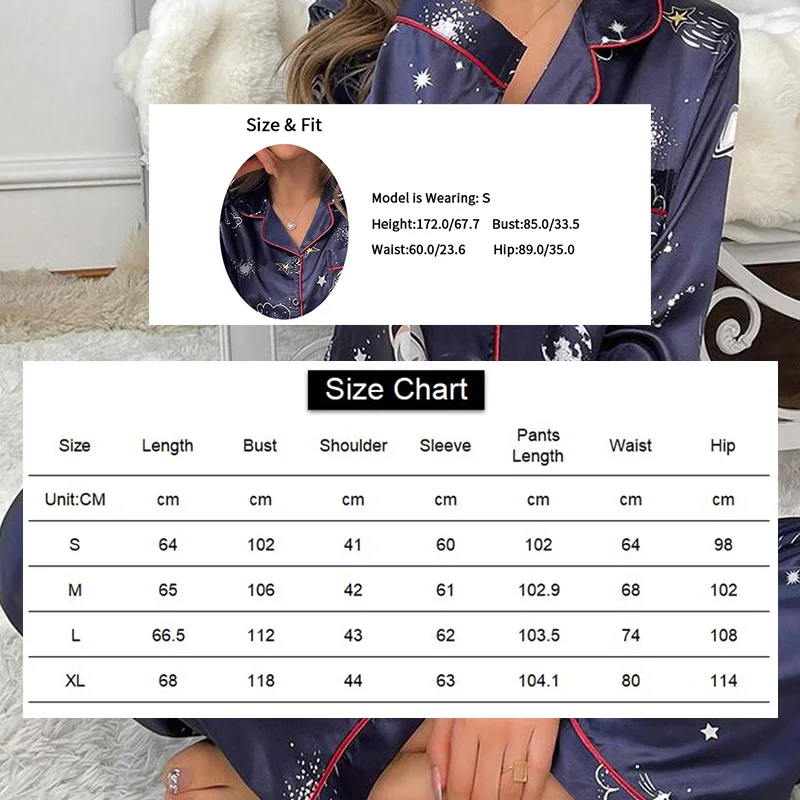 Women\'s Long Sleeve Buttons Lapel Neck Top With Pants 2 Piece Print Autumn Lounge Sets Satin Casual Pajama Set Loungewear Nighty