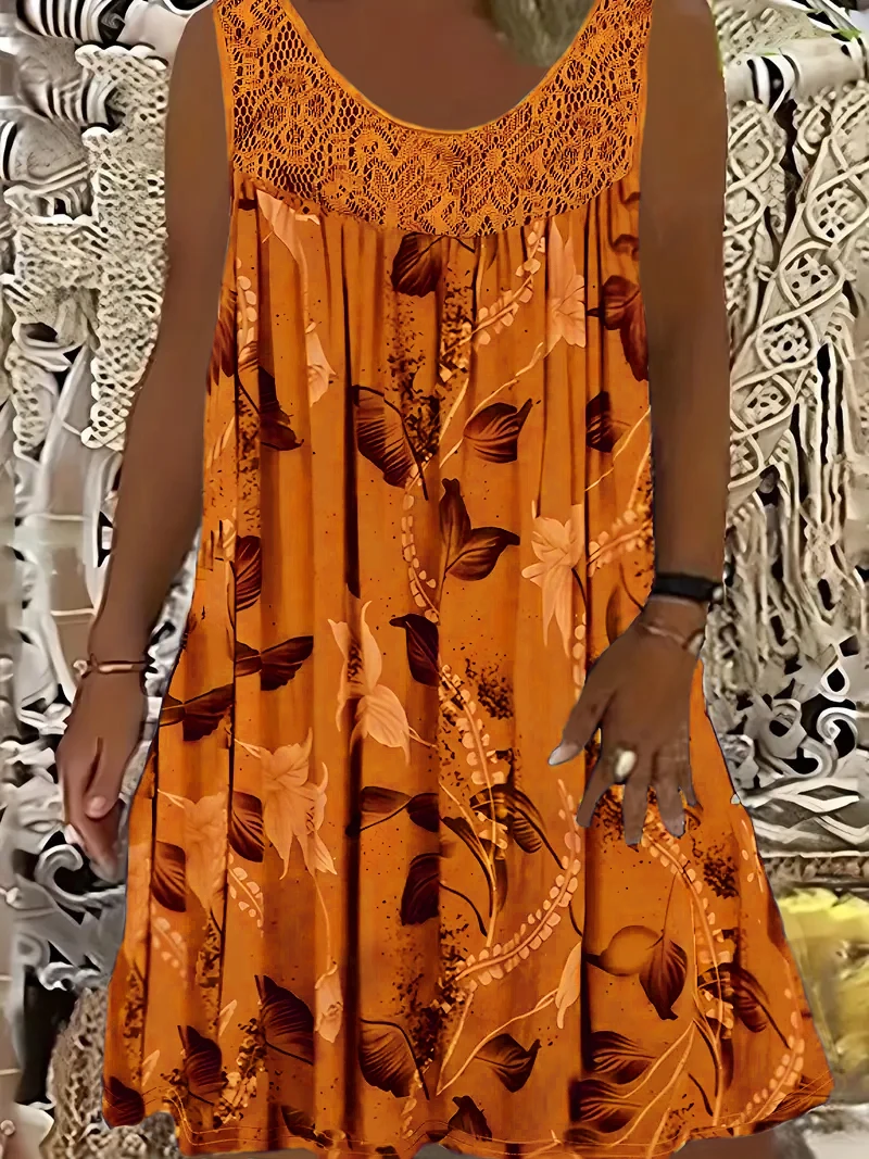 Plus size women's sleeveless round neck A-line dress with contrasting lace border floral print - knee length machine washable, c