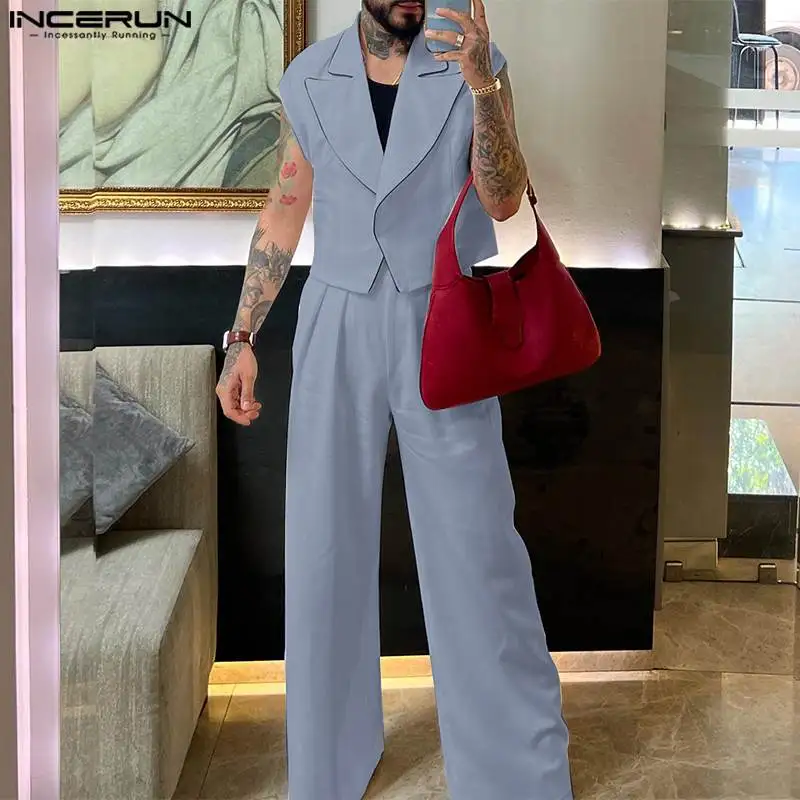 INCERUN Men Sets Solid Color Streetwear Lapel Sleeveless Vests & Straight Pants 2PCS 2024 Summer Fashion Men Casual Suits S-5XL