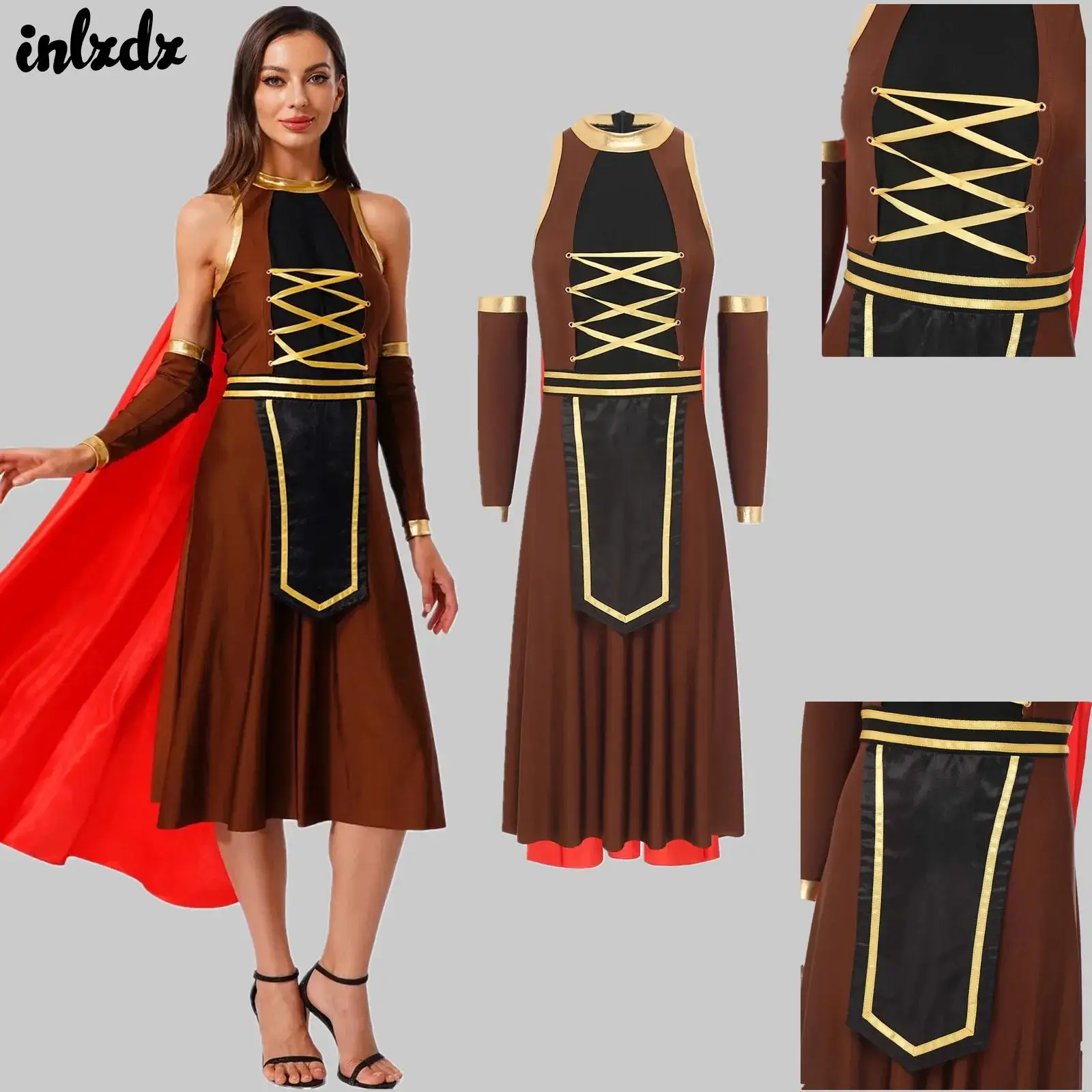 

Womens Warrior Dress Egyptian Carnival Spartan Cosplay Outfit Dress with Sleeves And Cloak Gladiator Soldier Dress Up Costume