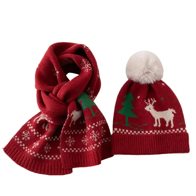 

Red Christmas hat deer children's scarf set girls wool hat boys knitted hat