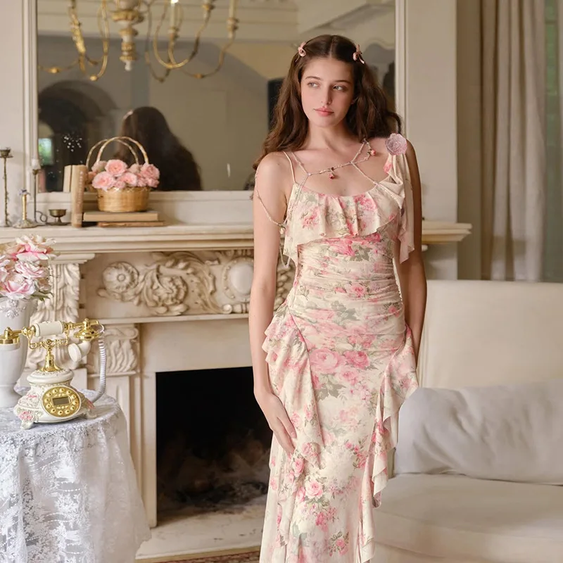 

2026 New Summer Women's French Elegant Ruffle Floral Slip Dress, Waist Slimming Irregular Hem Midi Dress Fashion Casual Dresses