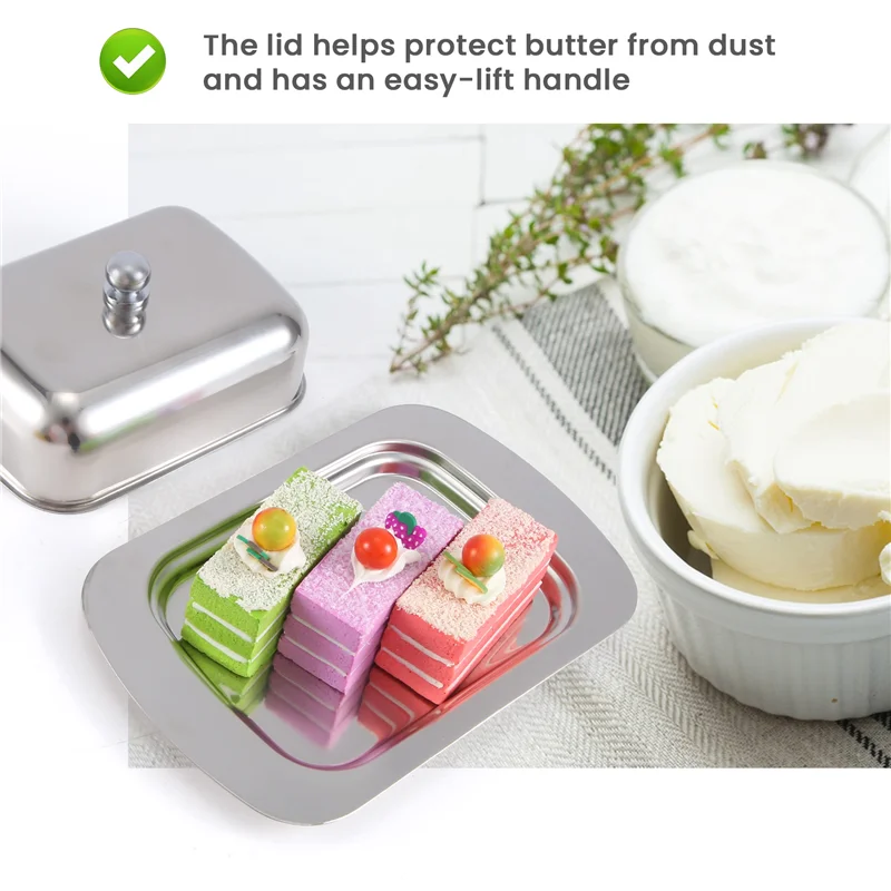 

Luxious Stainless Steel Butter Dish Box Container Shiny Cheese Server Storage Keeper Tray With Easy To Hold Lid-B09B