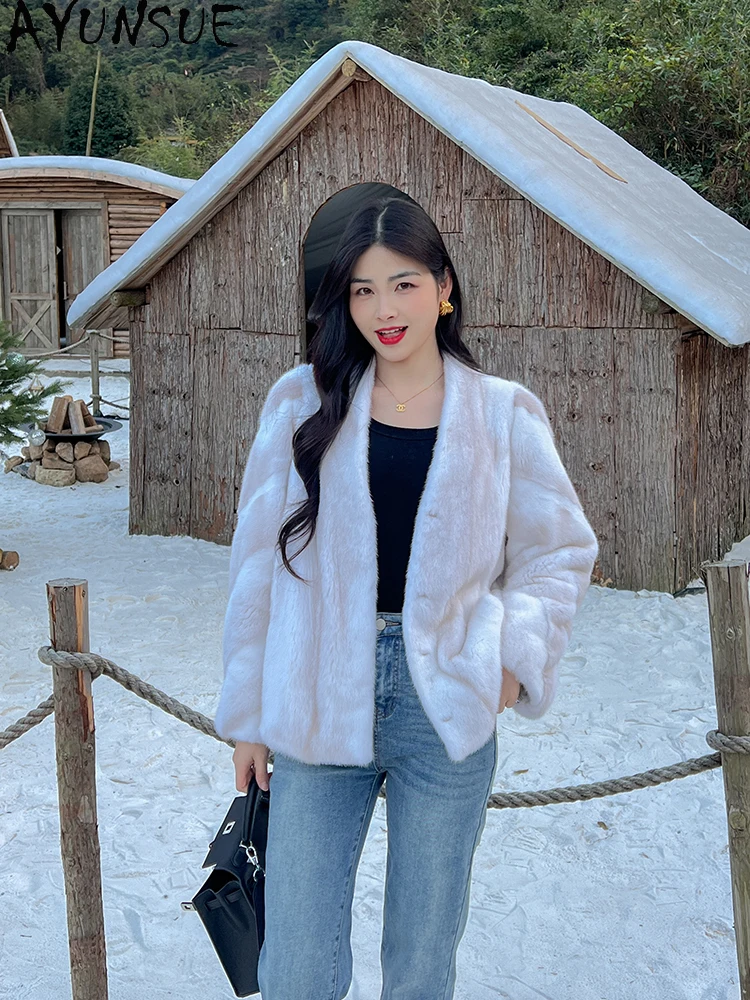 AYUNSUE 2025 ベルベットミンクファージャケット レディース 高級ミンク冬用ジャケット 女性用服 高品質ショートコート