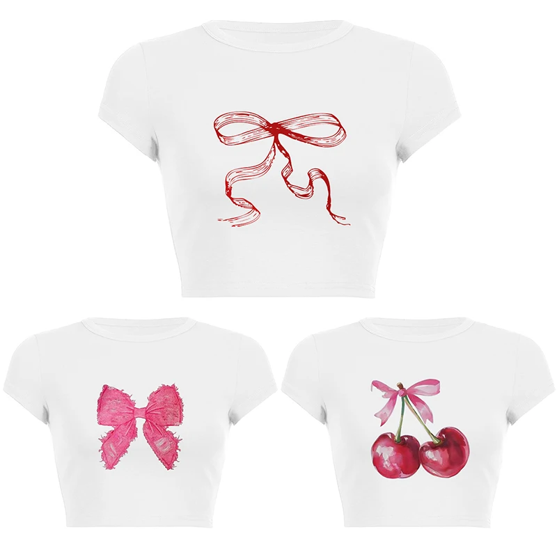 

3 Piece White Bow Printed Pattern Slim Fit Short Sleeve T-Shirt Women's Summer Round Neck Commute American Vintage Harajuku New