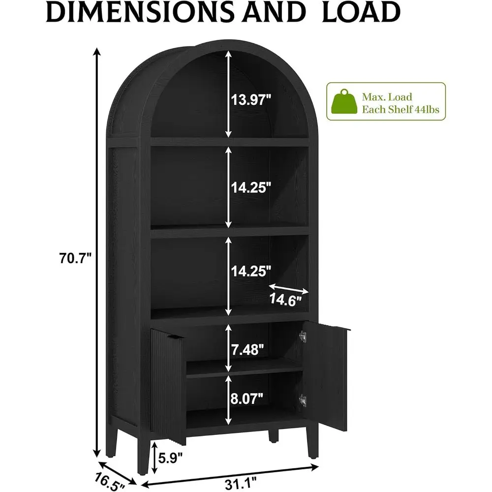 Yusong 71" Tall Arched Bookcase, 5-Tier Arched Bookshel, Black Bookshel, Arch Cabinet Display Cabinet with luted Doand Shelves, view 2