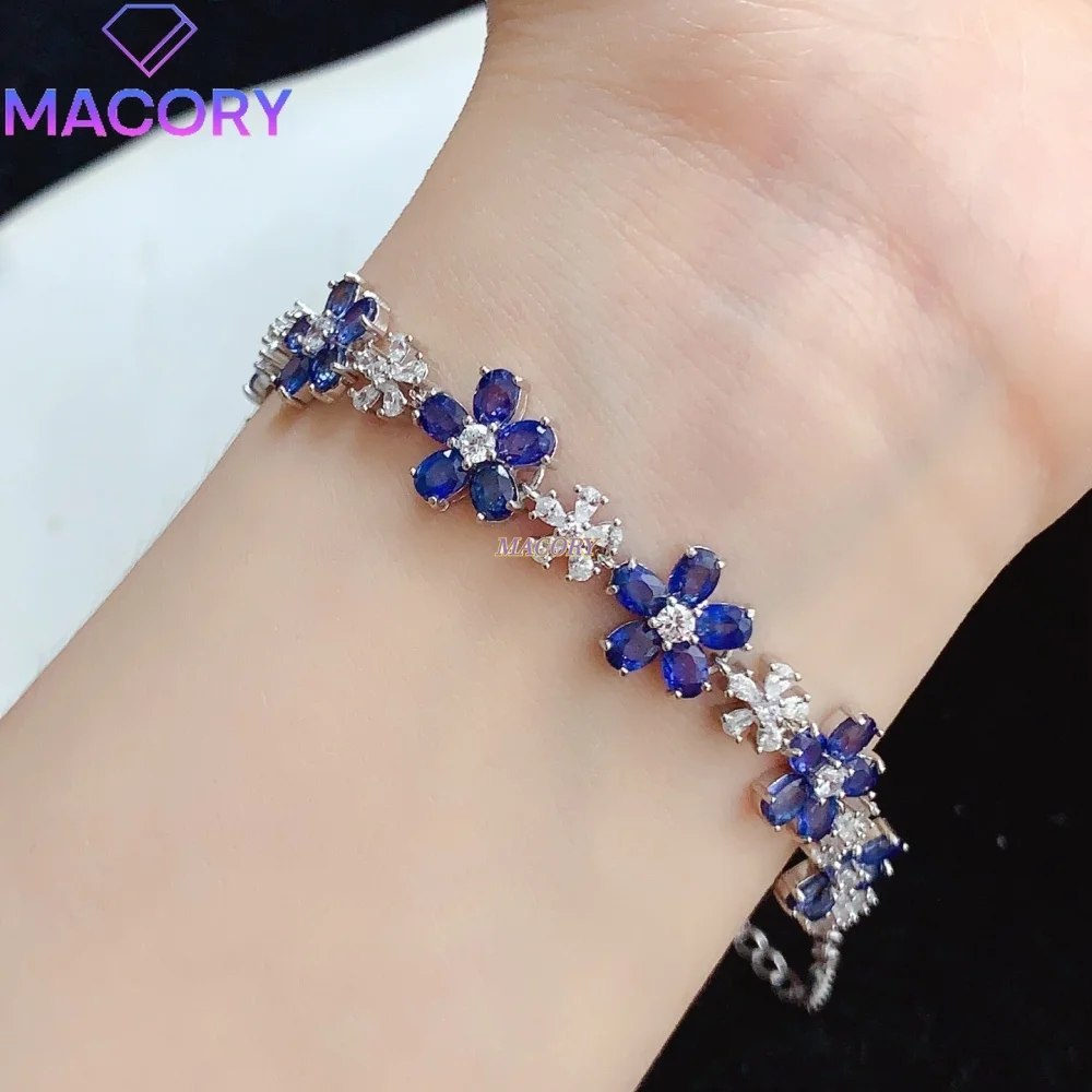 Natural sapphire bracelet with S925 sterling silver flower design stackable delicate and fresh style Valentine's Day gift