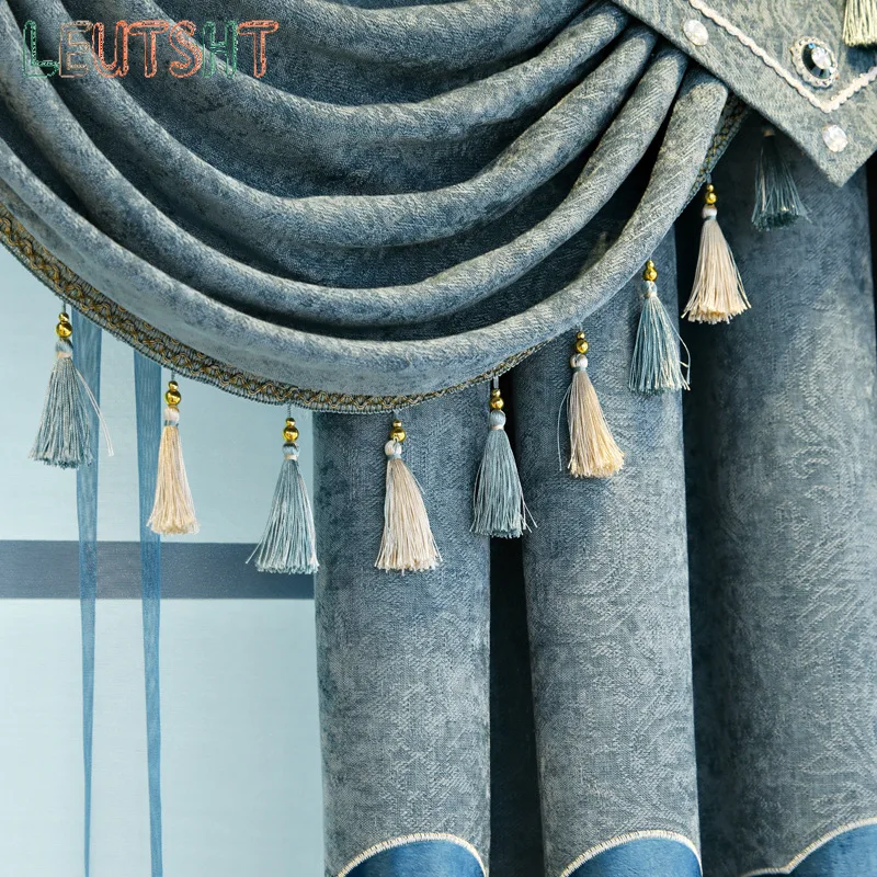 Custom Size European Blue Living Room and Bedroom Water-soluble Chenille Hollow Embroidered Floor-standing Blackout Curtain