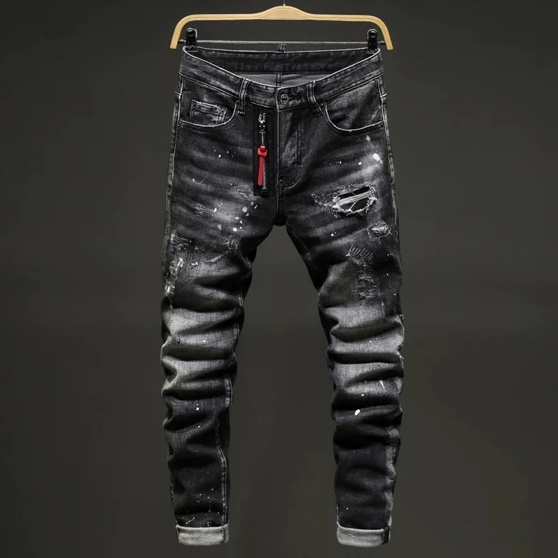 Men Black‑Grey Streaky Wash Red Zipper Decor Ripped Splash‑Paint Stretch Skinny Denim Jeans Hip‑Hop Streetwear Denim Jeansy2k