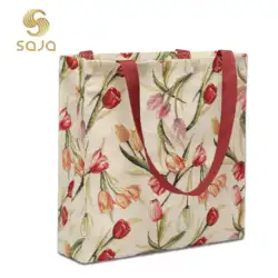 SAJA Foldable Shopping Bag Grande Capacidade Tote Bag Sacos de Ombro da Mulher Tulipa Flower Pattern Female Gril Beach Grocery Bag para Viagens Compras Dourble Hand Belt Avó Ladies Bag Inner Pocket Fabric Jacquard