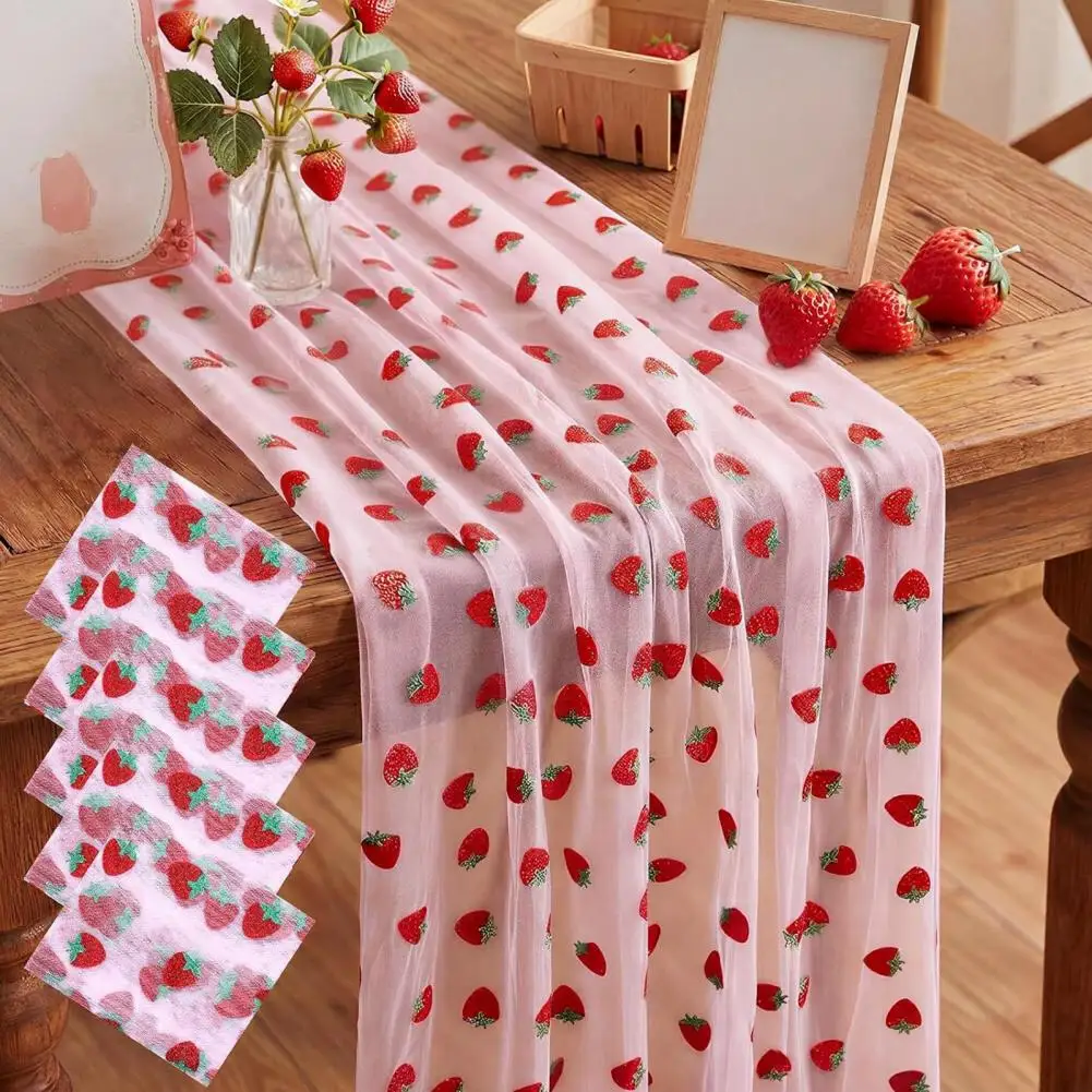 Sheer Tulle Table Runner Strawberry Cherry Lemon Pattern Summer Table Overlay Fruit Table Runner for Birthday Party Decor