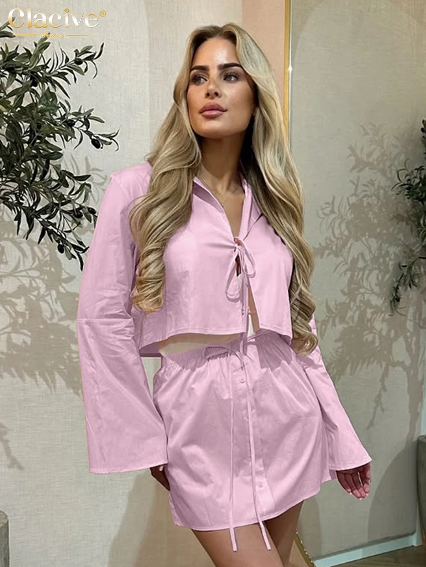 

Clacive Fashion Pink Cotton 2 Piece Set Women 2025 Elegant Long Sleeve Shirt With High Waist Mini Skirt Set Female Clothing